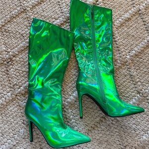 Green High-Shine Knee-High Boots